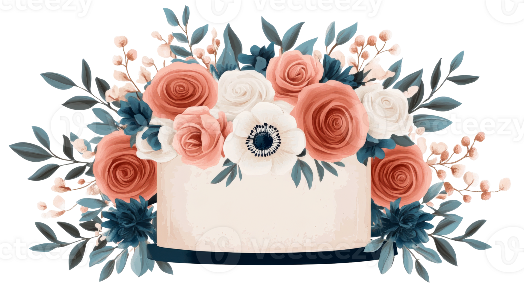 Floral frame with roses and leaves decoration, cut out transparent png