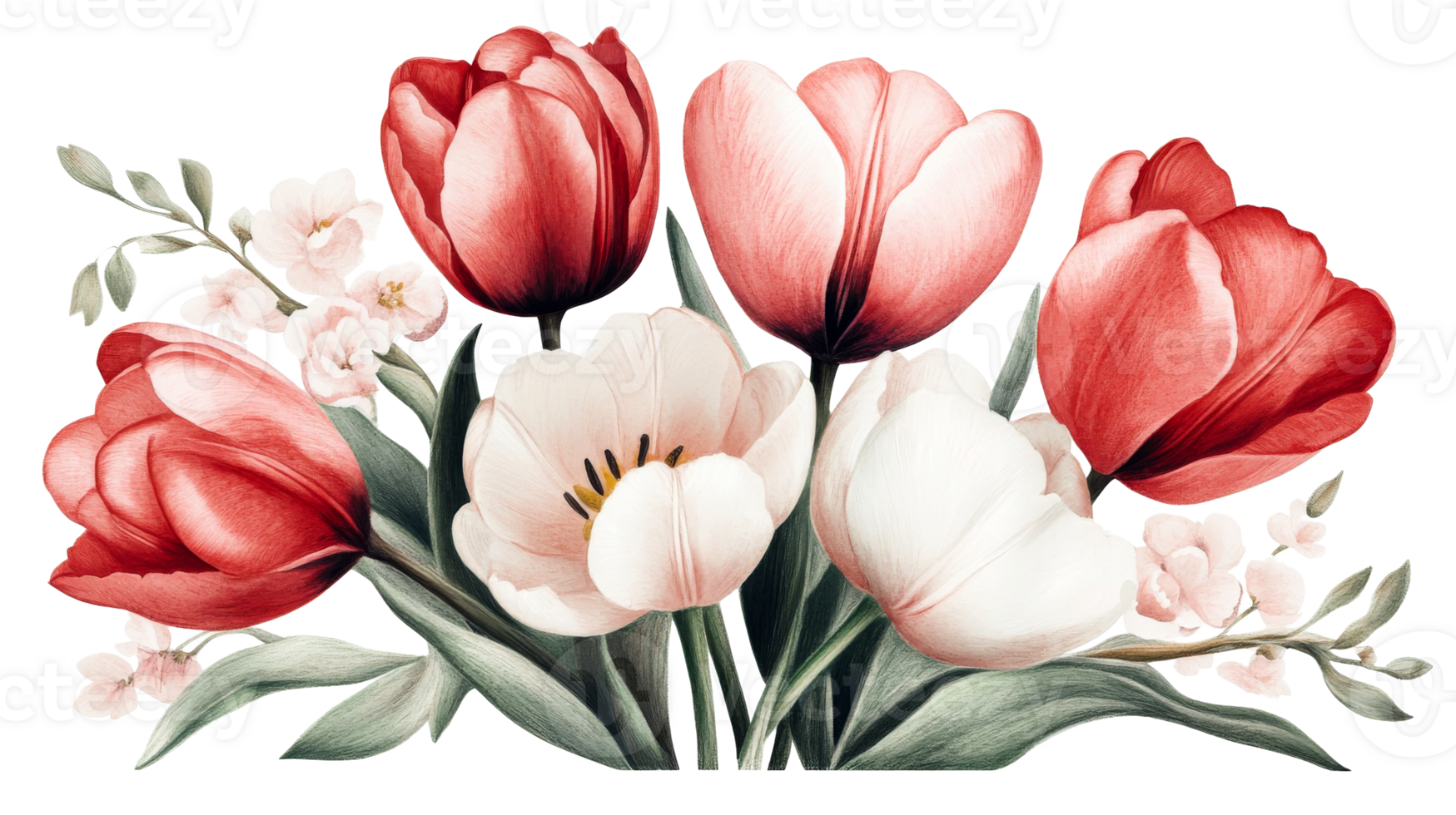 Red and white tulips with small pink flowers arrangement, cut out transparent png