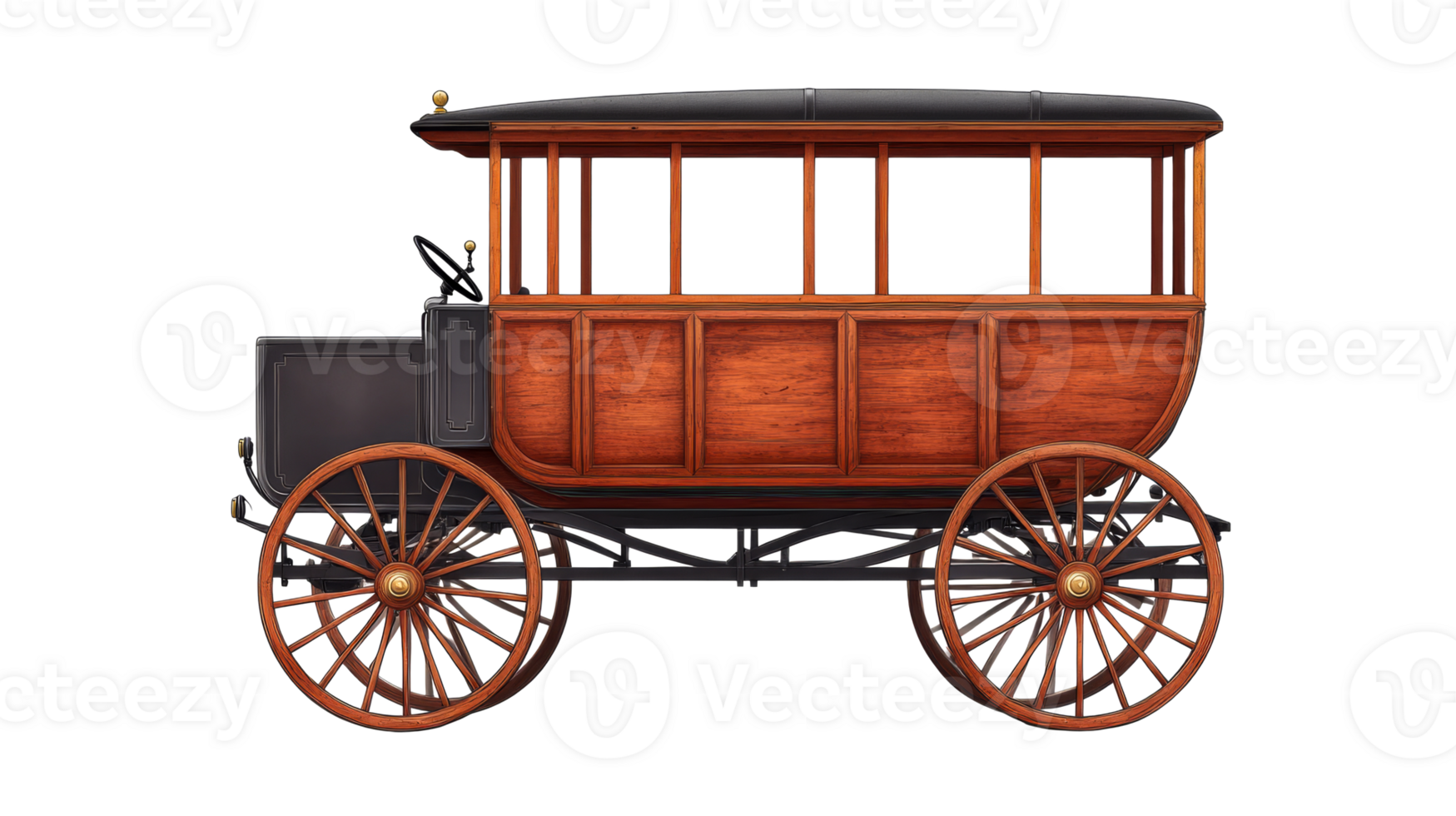 Old vintage carriage automobile on black background, cut out transparent png
