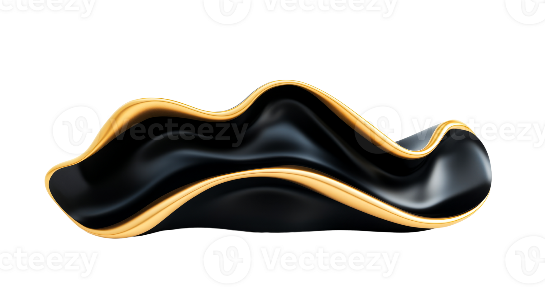 Wavy black shape with gold edges, smooth curves, elegant object, cut out transparent png