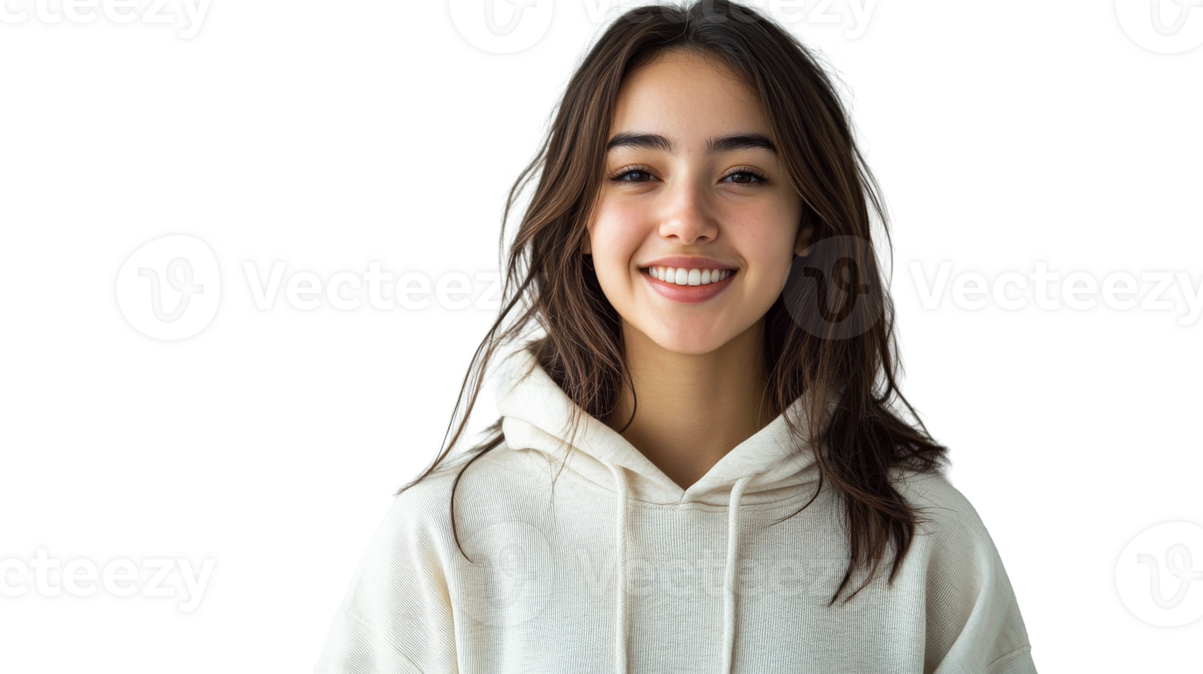 Smiling young woman in hoodie posing, cut out transparent png