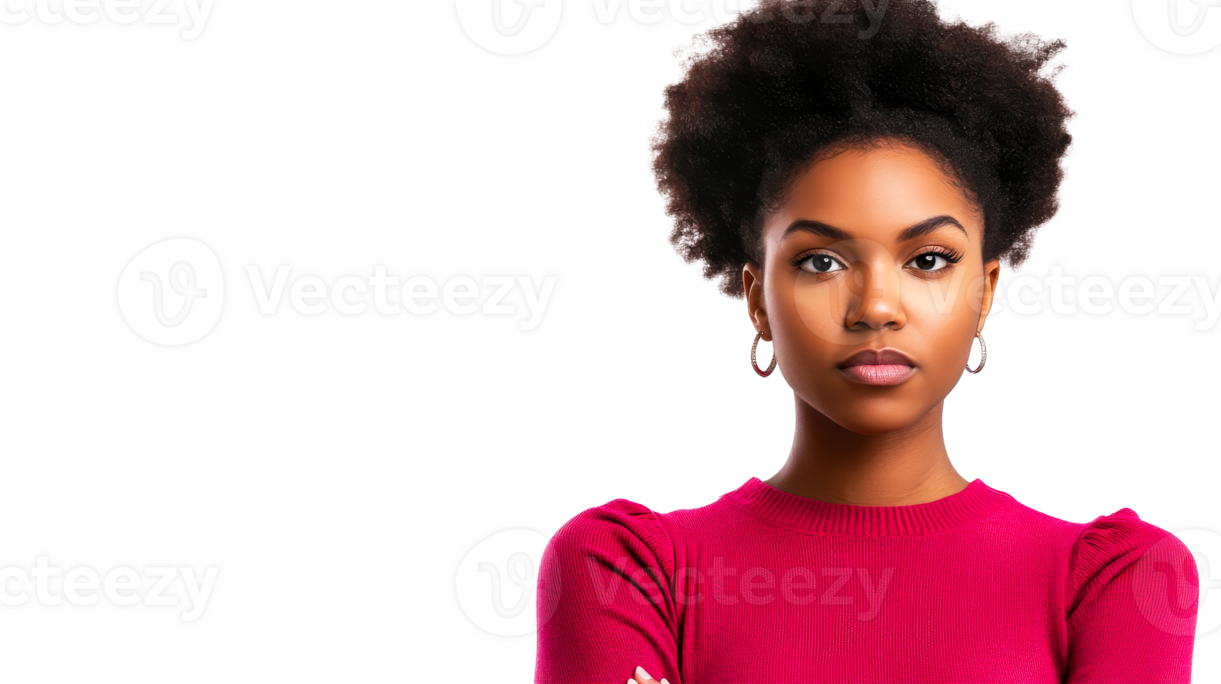 Young serious woman portrait with Afro, clean cut out, transparent png