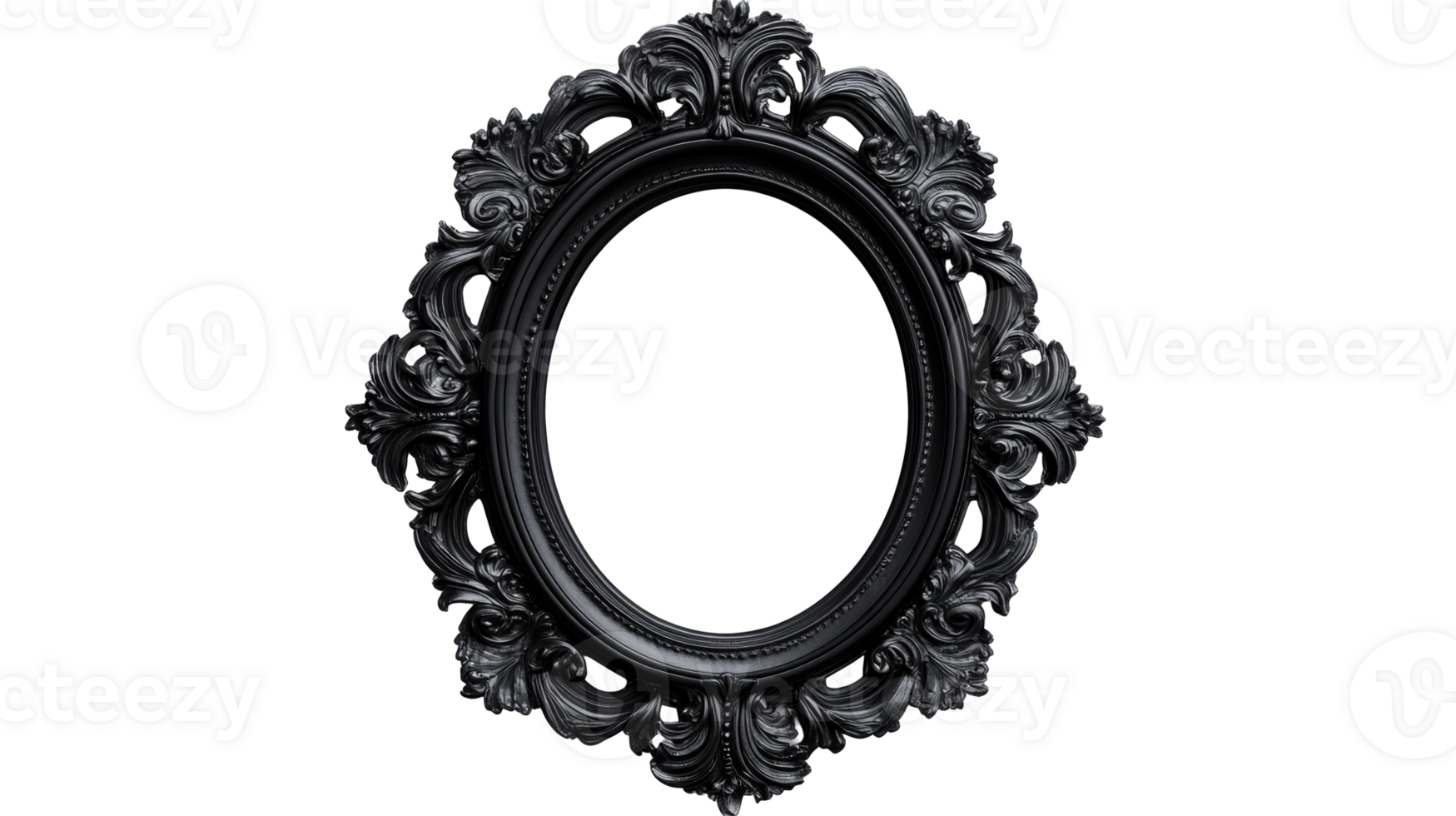 Ornate oval frame in black, elaborate details, cut out transparent png