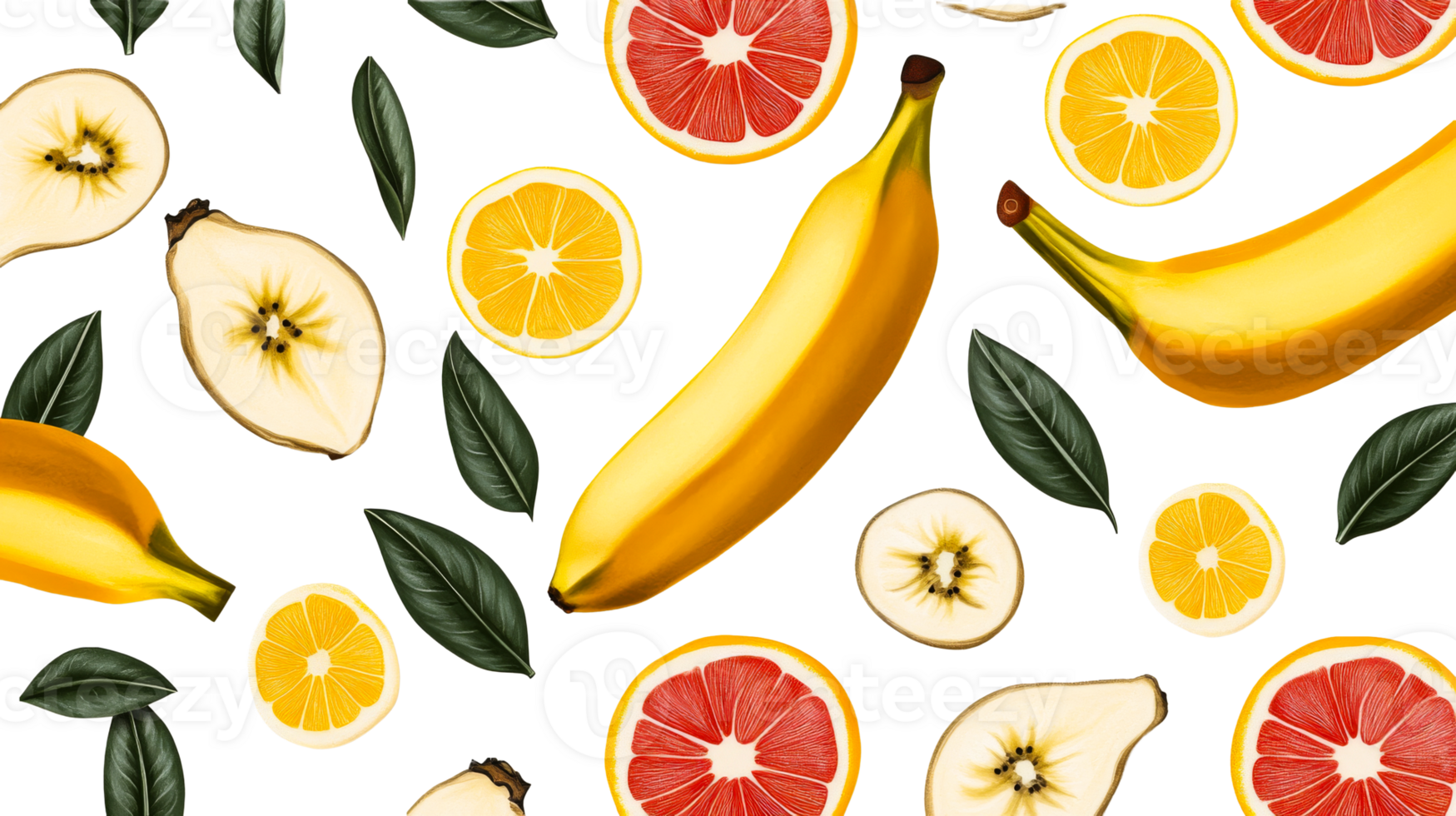 Sliced fruits and banana assortment flat lay design, cut out transparent png
