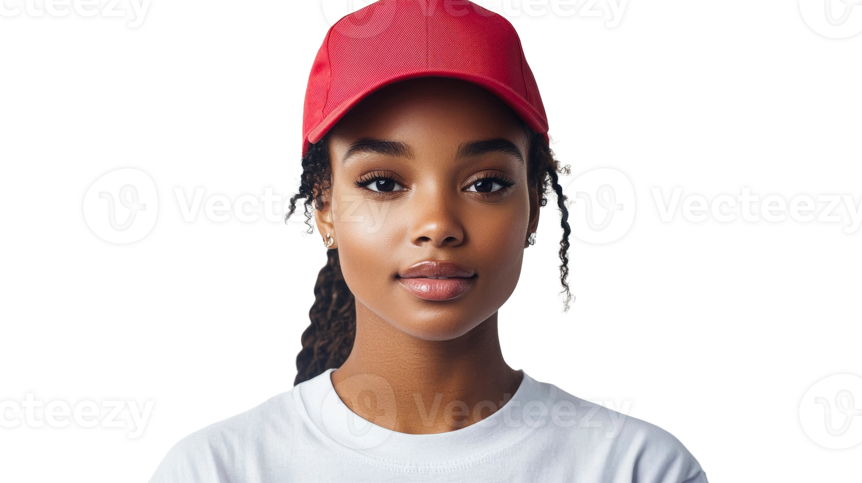 Portrait of a woman in a red cap against a black background, cut out transparent png