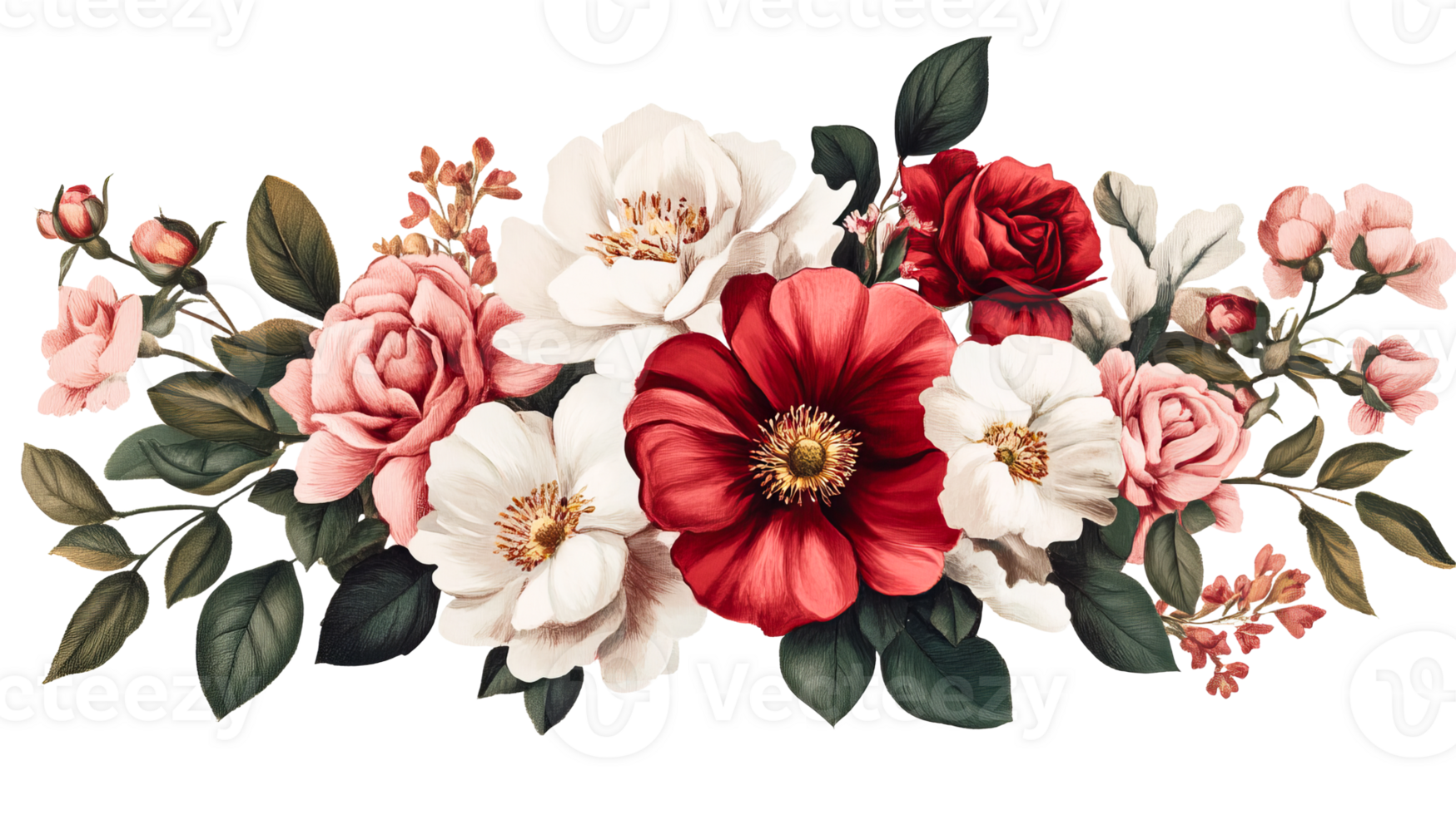 Floral arrangement with red, white, pink blossoms, cut out transparent png
