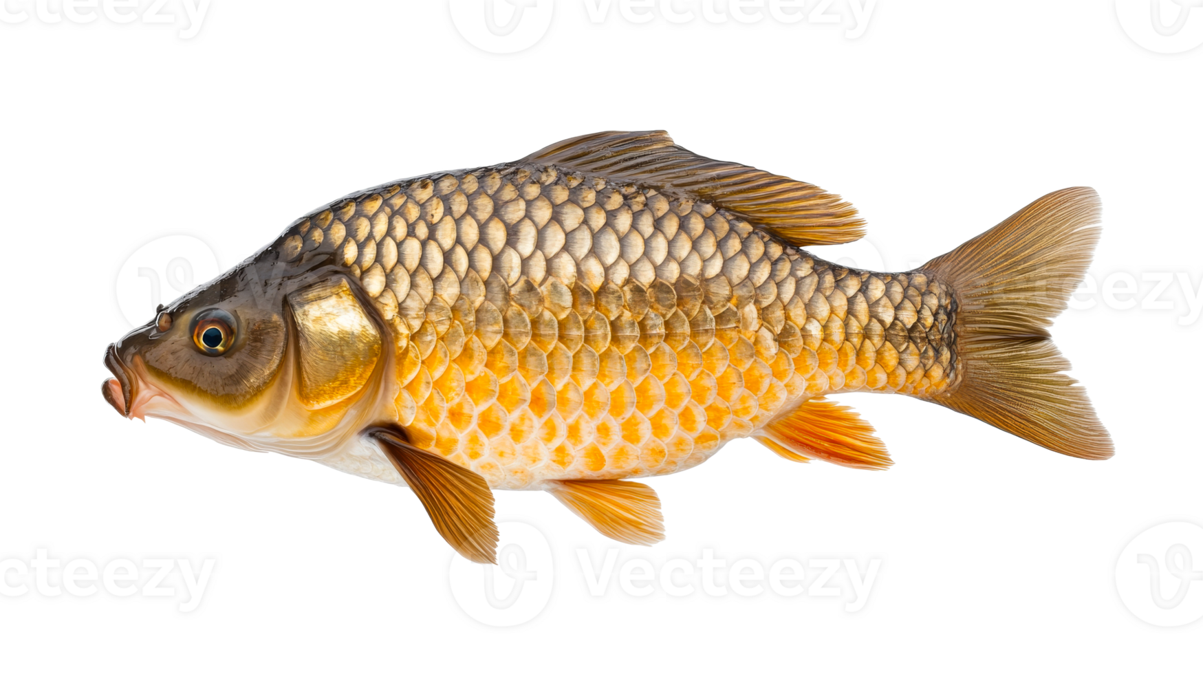Detailed carp with golden scales, isolated, cut out transparent png