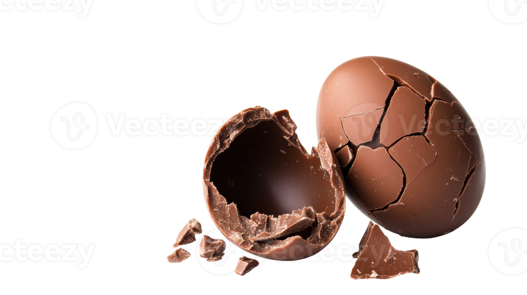 Cracked chocolate Easter eggs with pieces, isolated, cut out transparent png