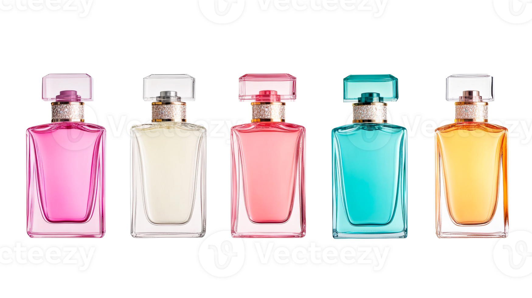 Set of 5 perfume bottles, vibrant colors, glass design, luxury, cut out transparent png