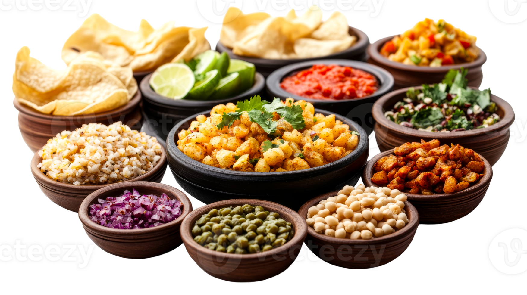 Assortment of bowls with dips and snacks, cut out transparent png