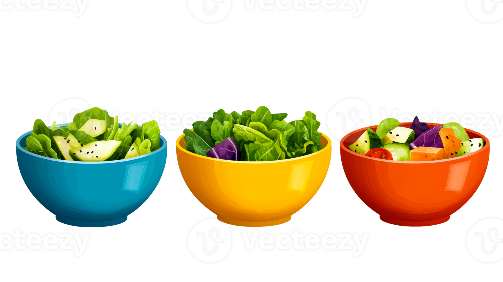 Colorful salad bowls full of fresh vegetables and lettuce, cut out transparent png