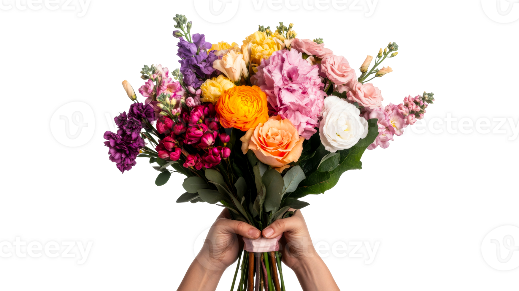 Elegant bouquet held in hand, floral arrangement, colorful flowers, cut out transparent png