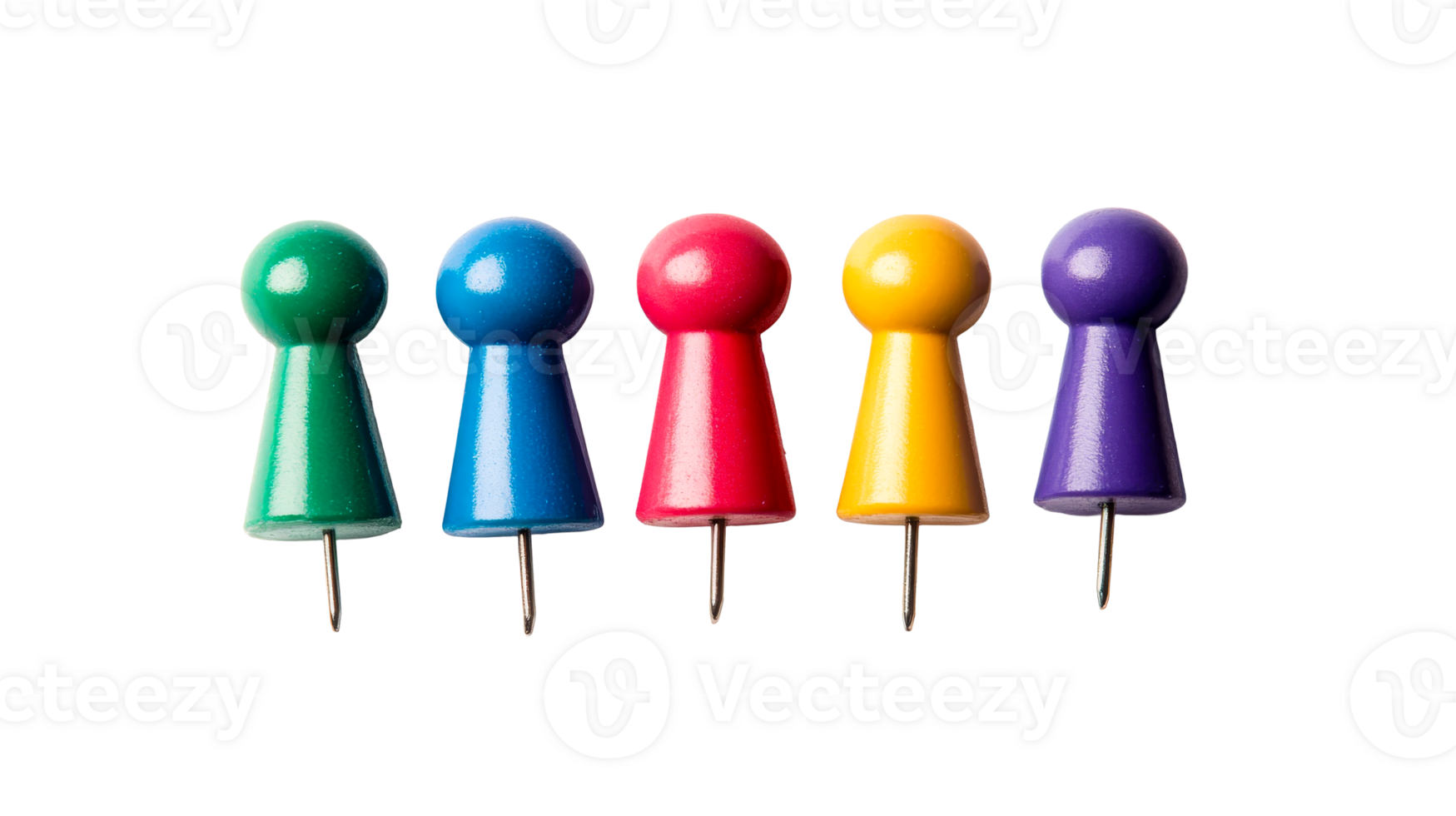 Assorted thumb tacks in a row in studio on black background, cut out transparent png