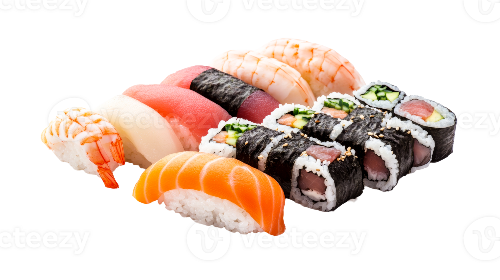 Variety sushi set with salmon, tuna, shrimp, isolated , cut out transparent png