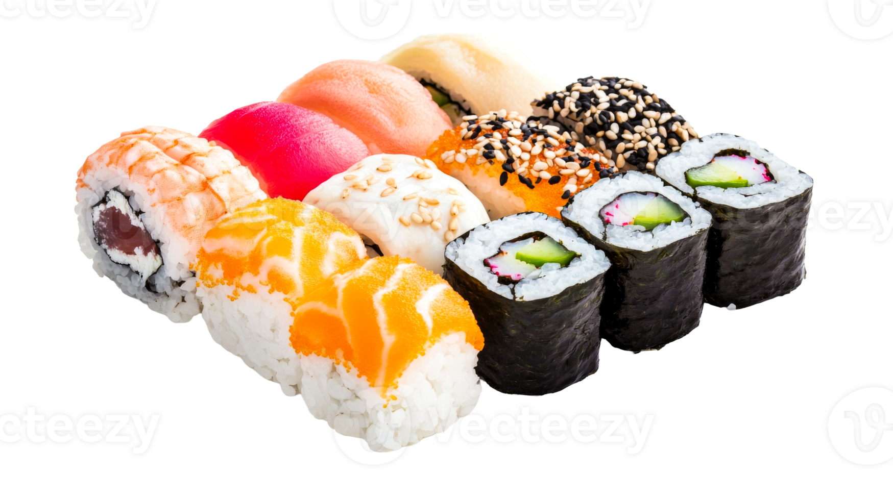Assorted sushi pieces collection isolated, cut out transparent png