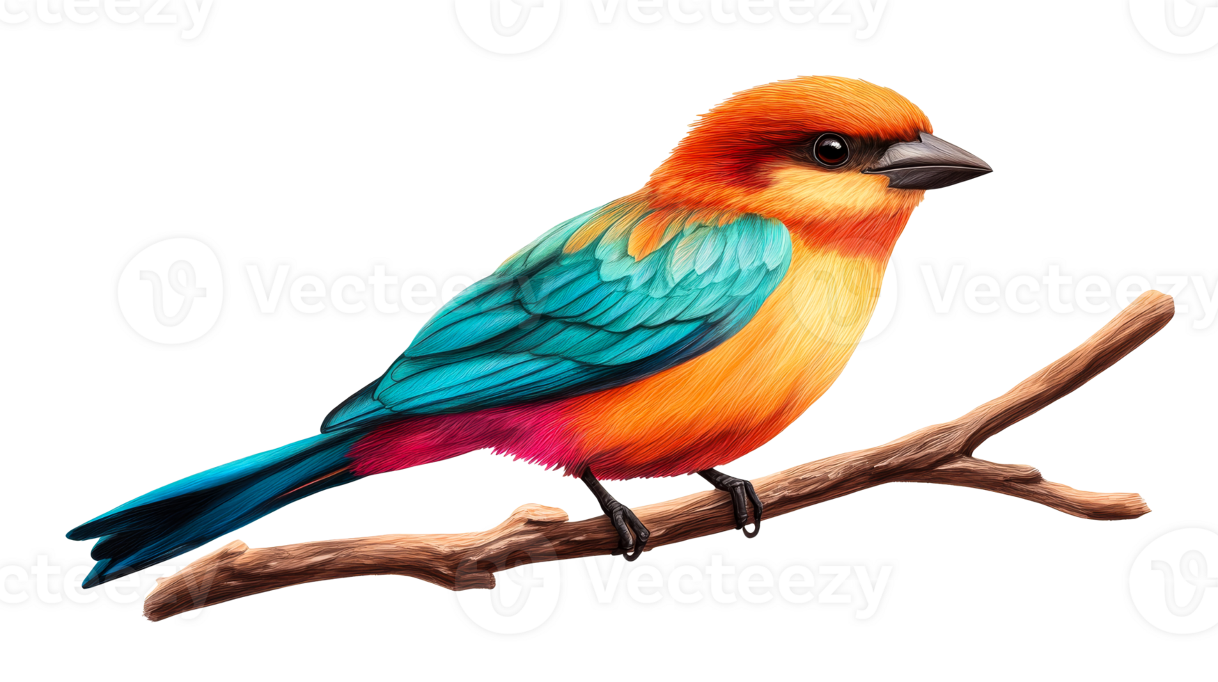 Colorful bird on branch, vibrant plumage illustration, cut out transparent png