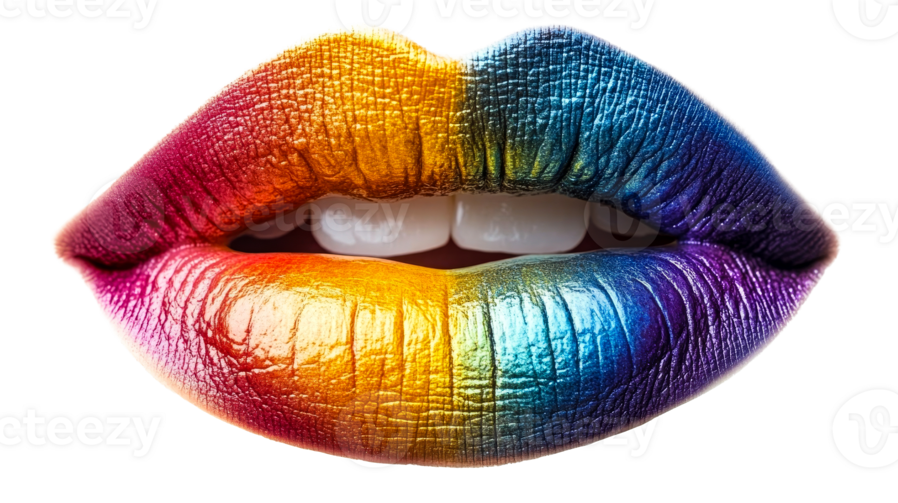 Rainbow lips with glossy texture and visible teeth, cut out transparent png