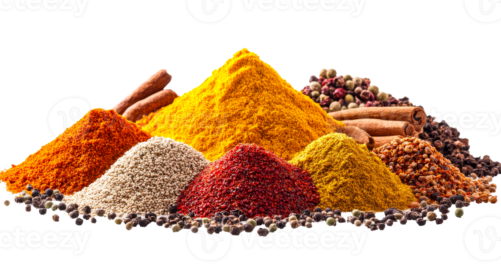 Spices and herbs in colorful piles, culinary, cut out transparent png