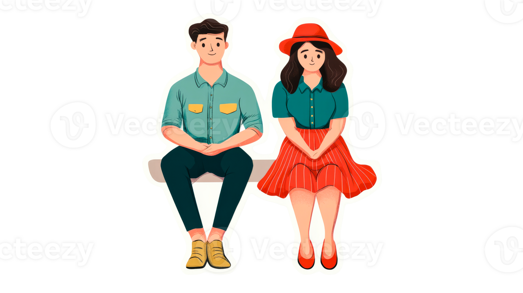 Cartoon couple sitting together on bench, smiling, cut out transparent png