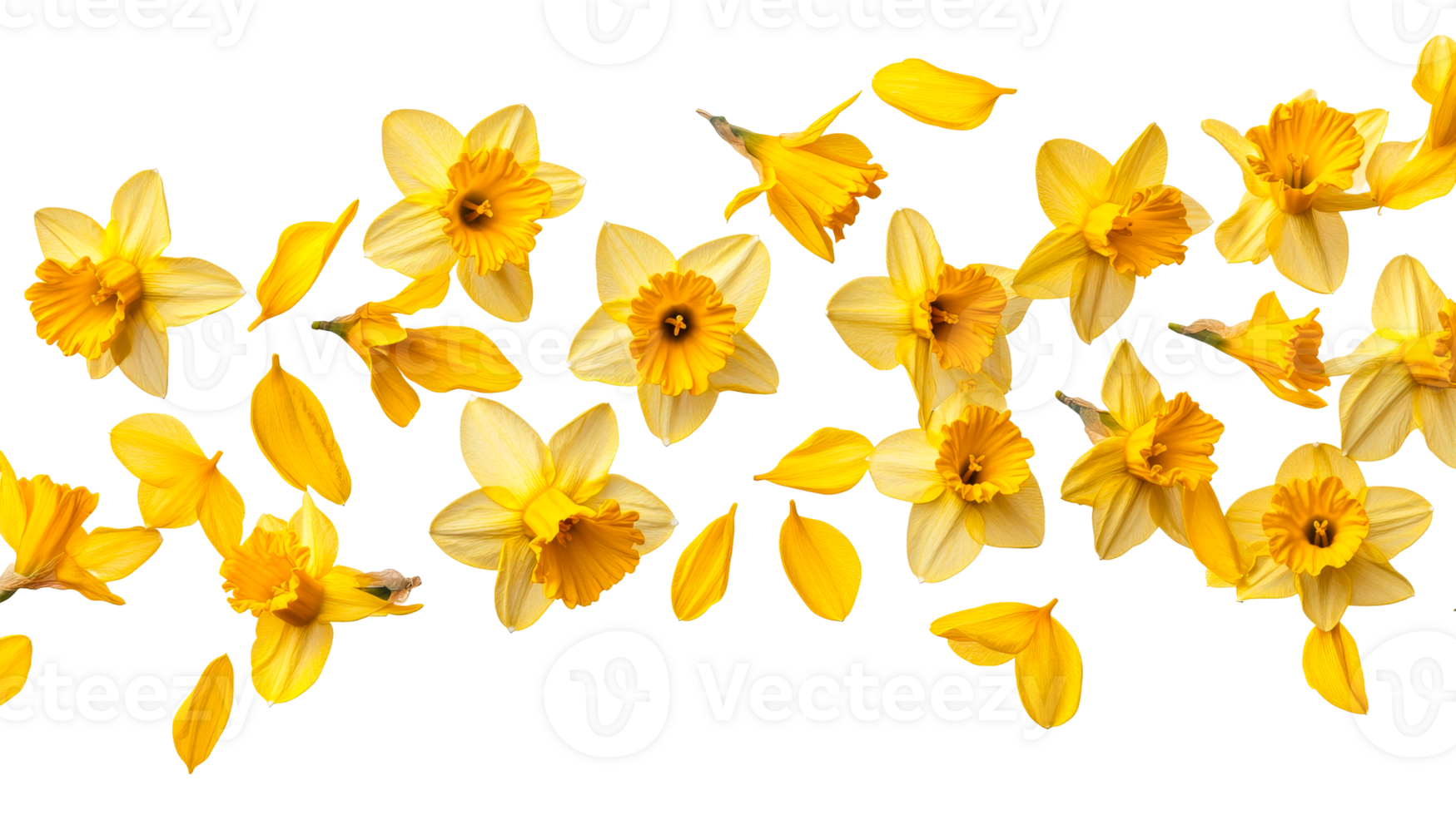 Yellow daffodils flowers border isolated on black background, cut out transparent png