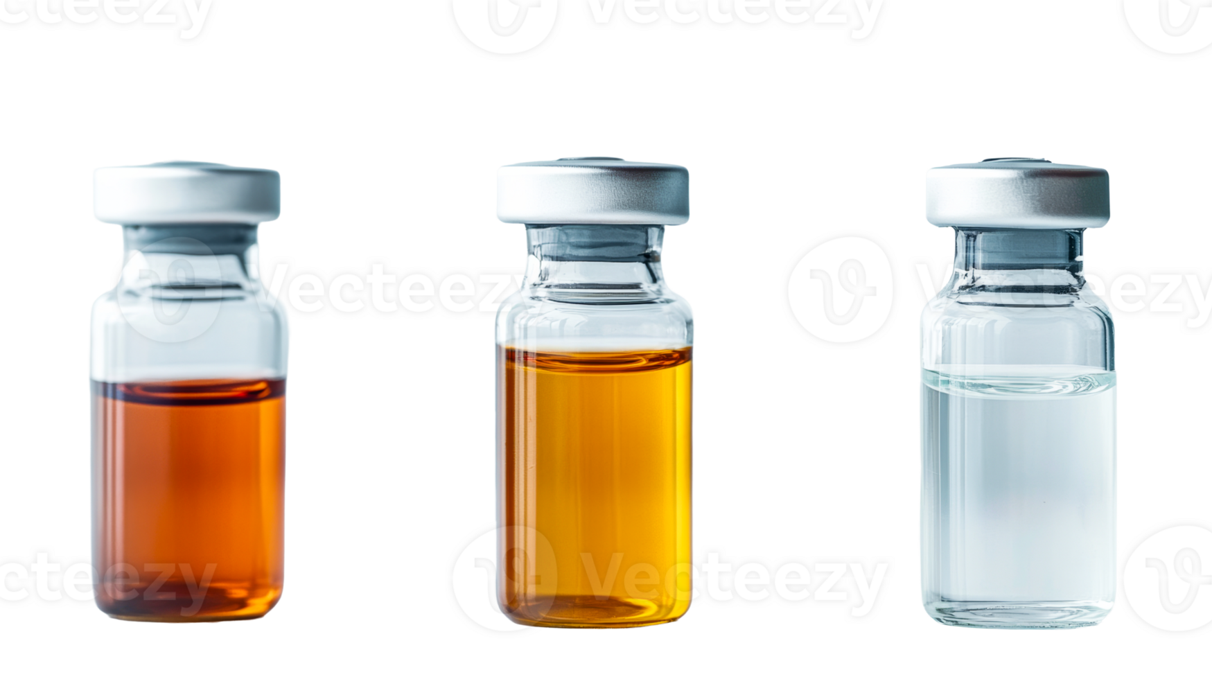 Three vials with different liquids isolated , cut out transparent png