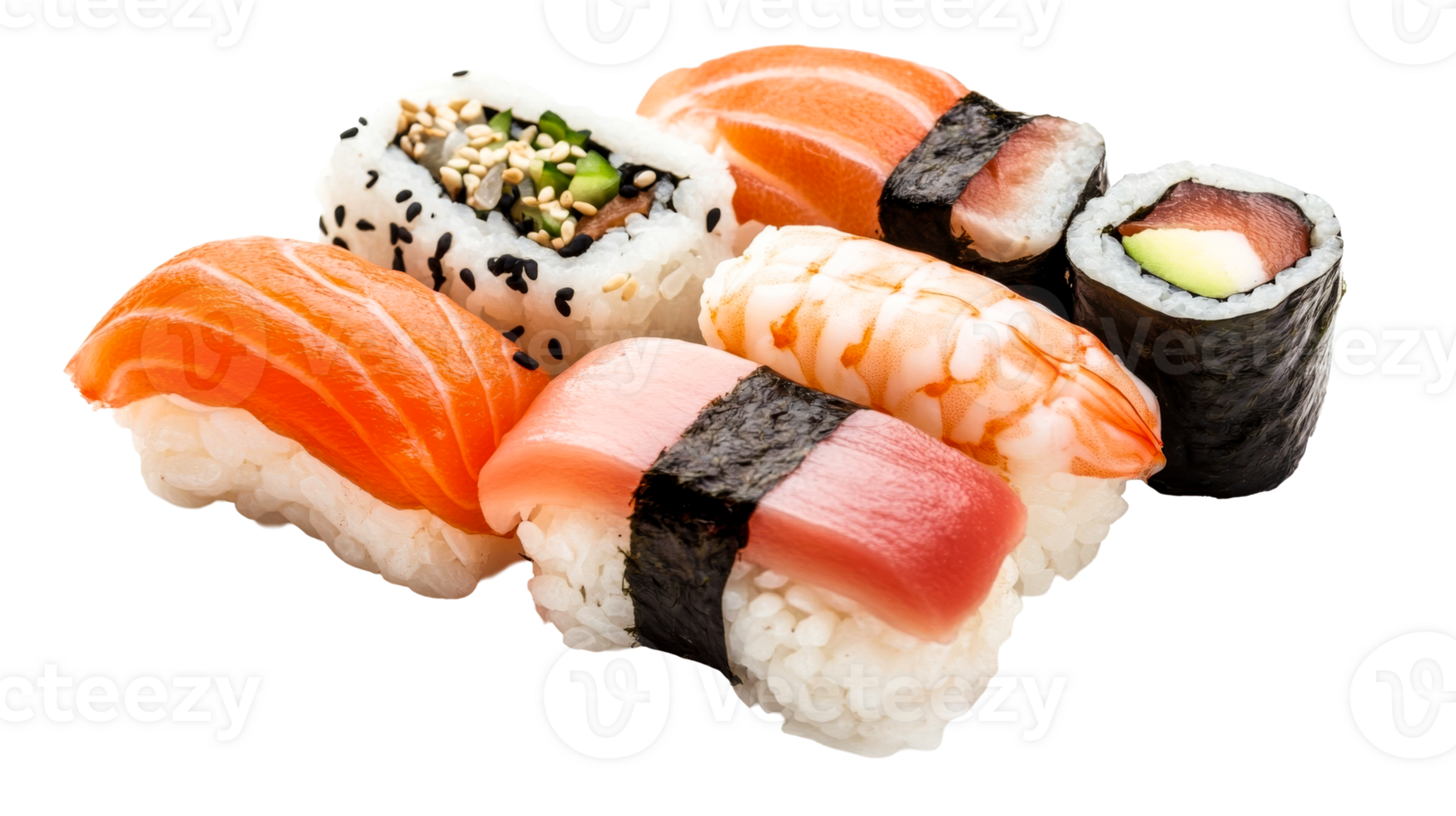 Assorted sushi pieces with fresh salmon, tuna, shrimp, avocado roll, cut out transparent png