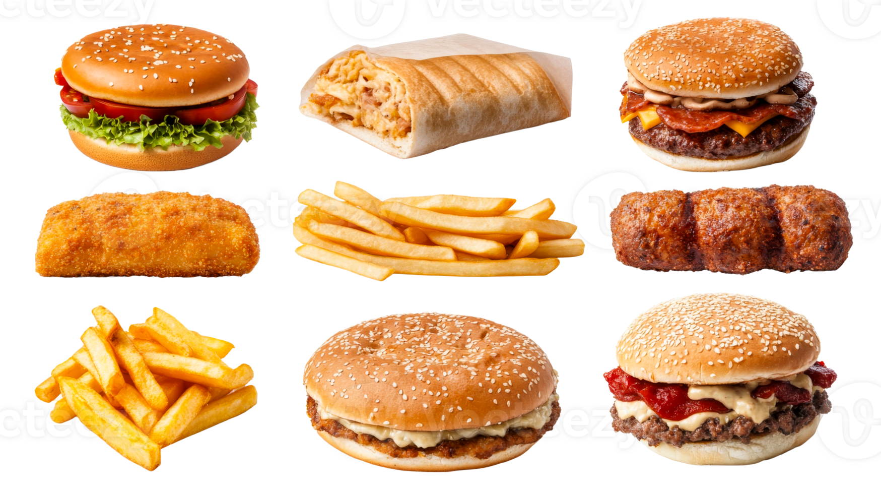 Collection of fast food meals on a dark background, cut out transparent png