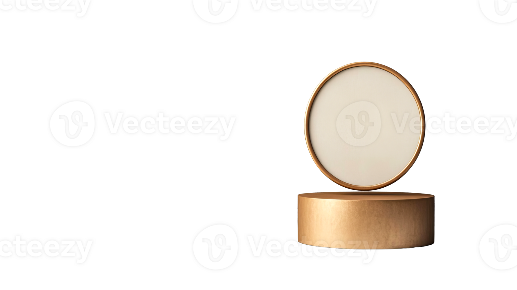 Elegant golden round mirror on pedestal, presentation stand, cut out transparent png