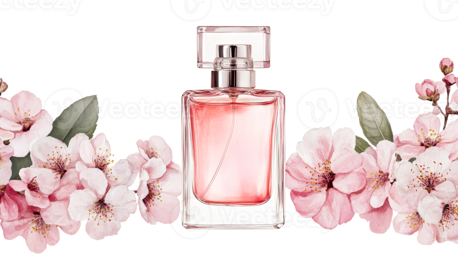 Pink perfume bottle with floral ornaments, cut out transparent png
