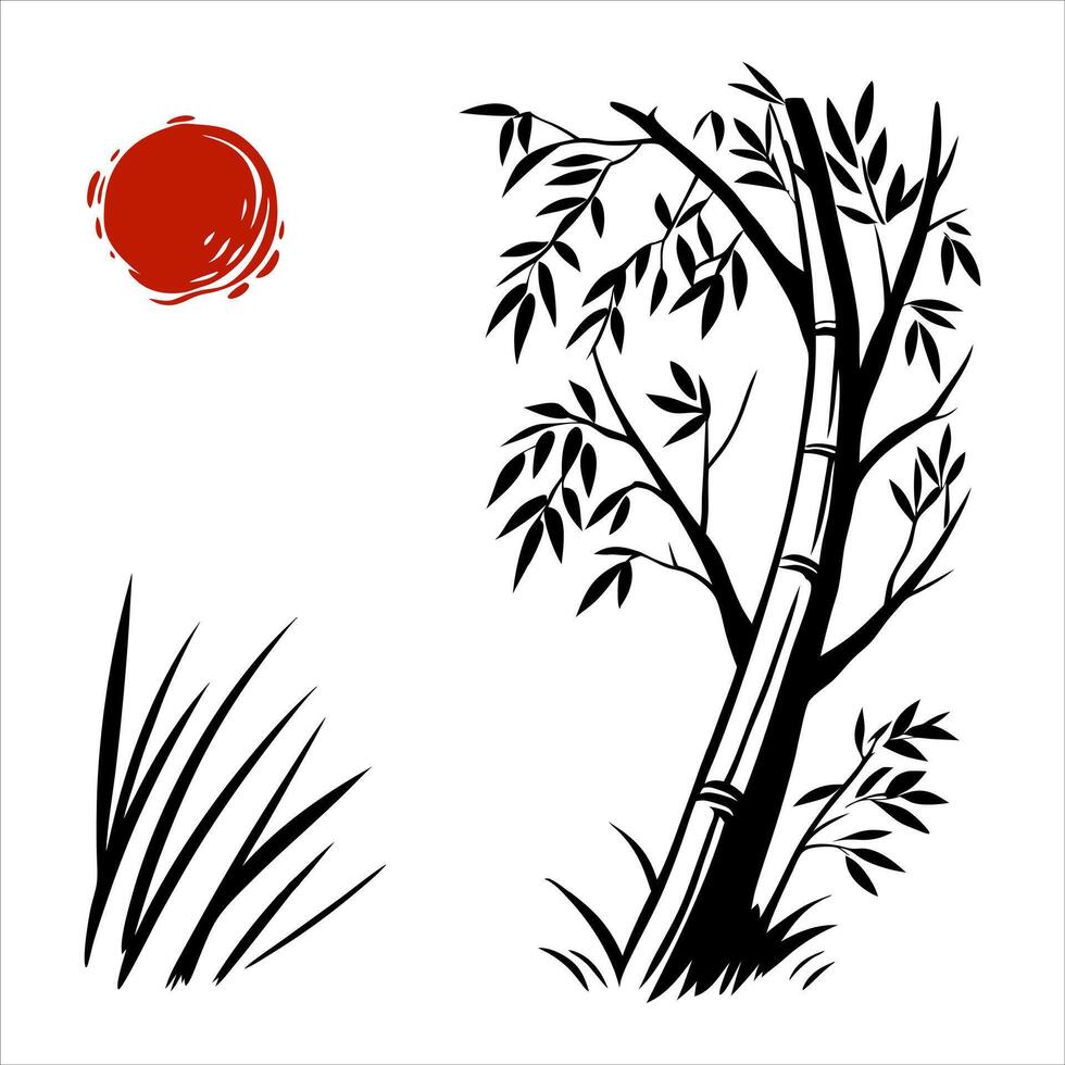 Bamboo silhouette illustration depicts a natural bamboo plant with leafy branches in a simple design vector