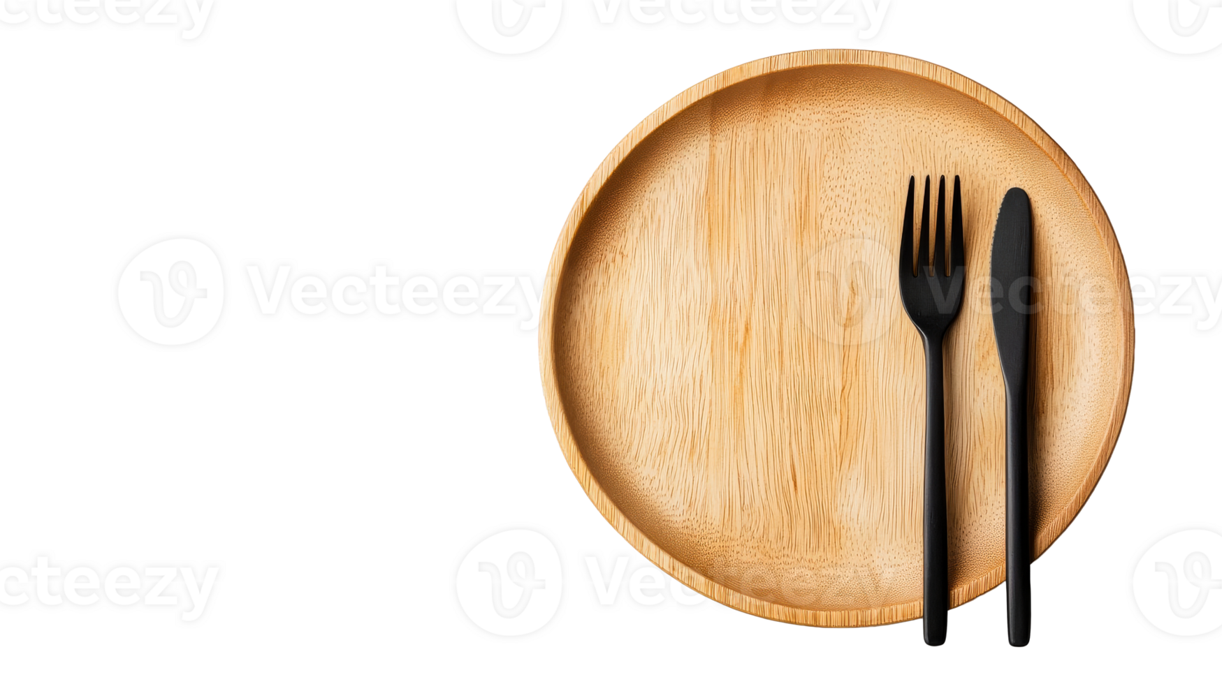 Round wooden plate with cutlery on background, cut out transparent png