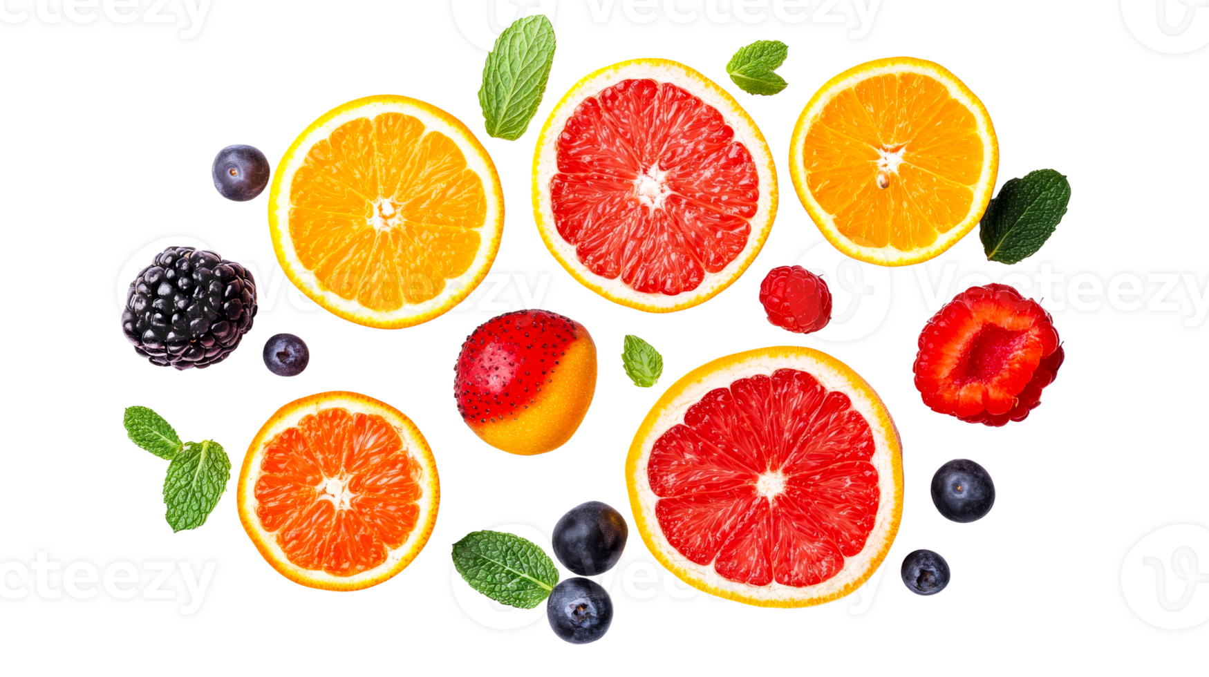Vibrant citrus fruit slices with berries arrangement, cut out transparent png