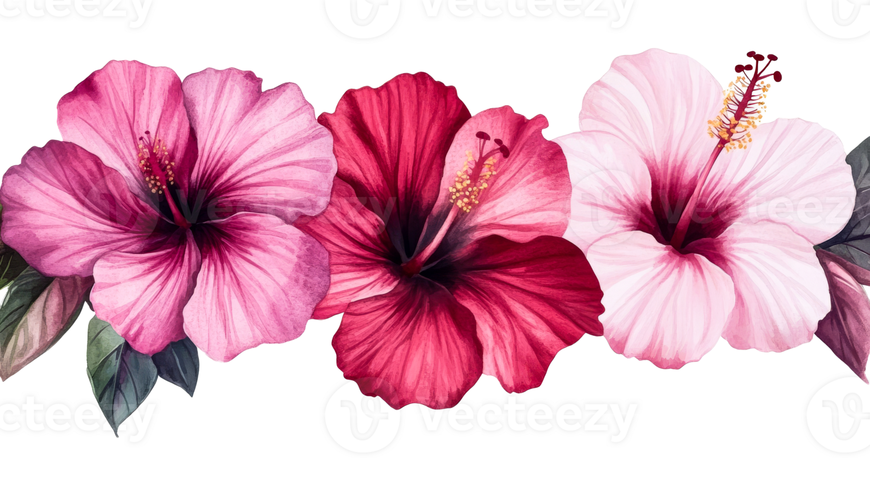 Watercolor hibiscus flowers arrangement in pink and red hues, cut out transparent png