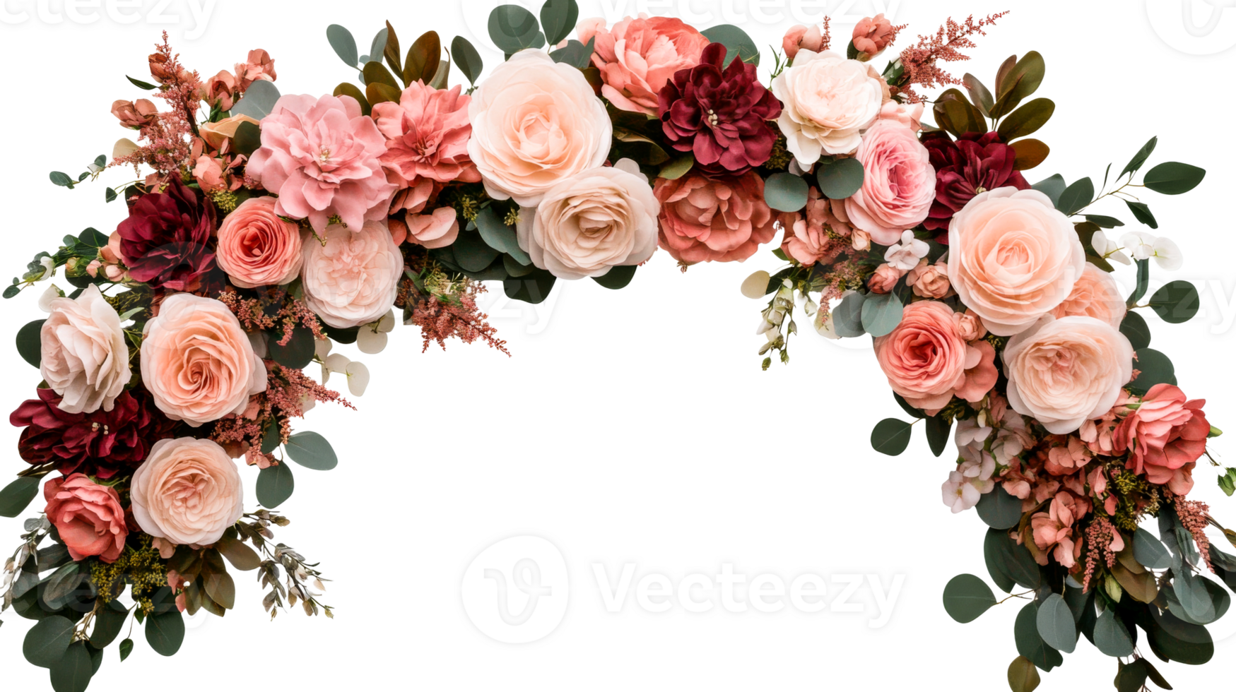 Floral garland with roses and eucalyptus, cut out transparent png