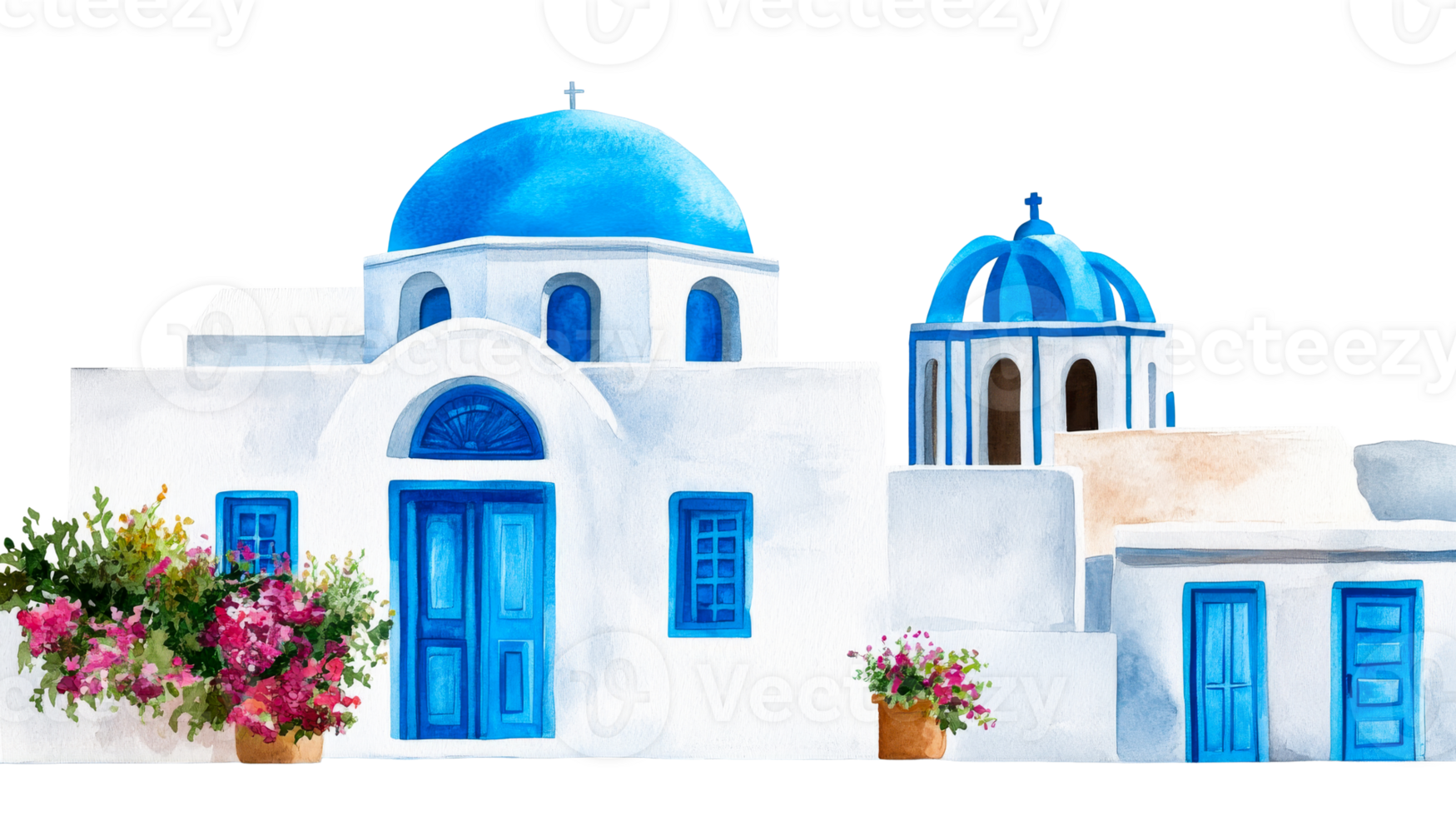 Santorini watercolor illustration with blue domes and flowers, cut out transparent png