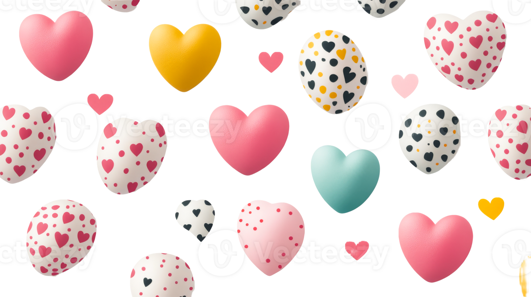 Hearts of Many Colors and Patterns on Black Background, cut out transparent png