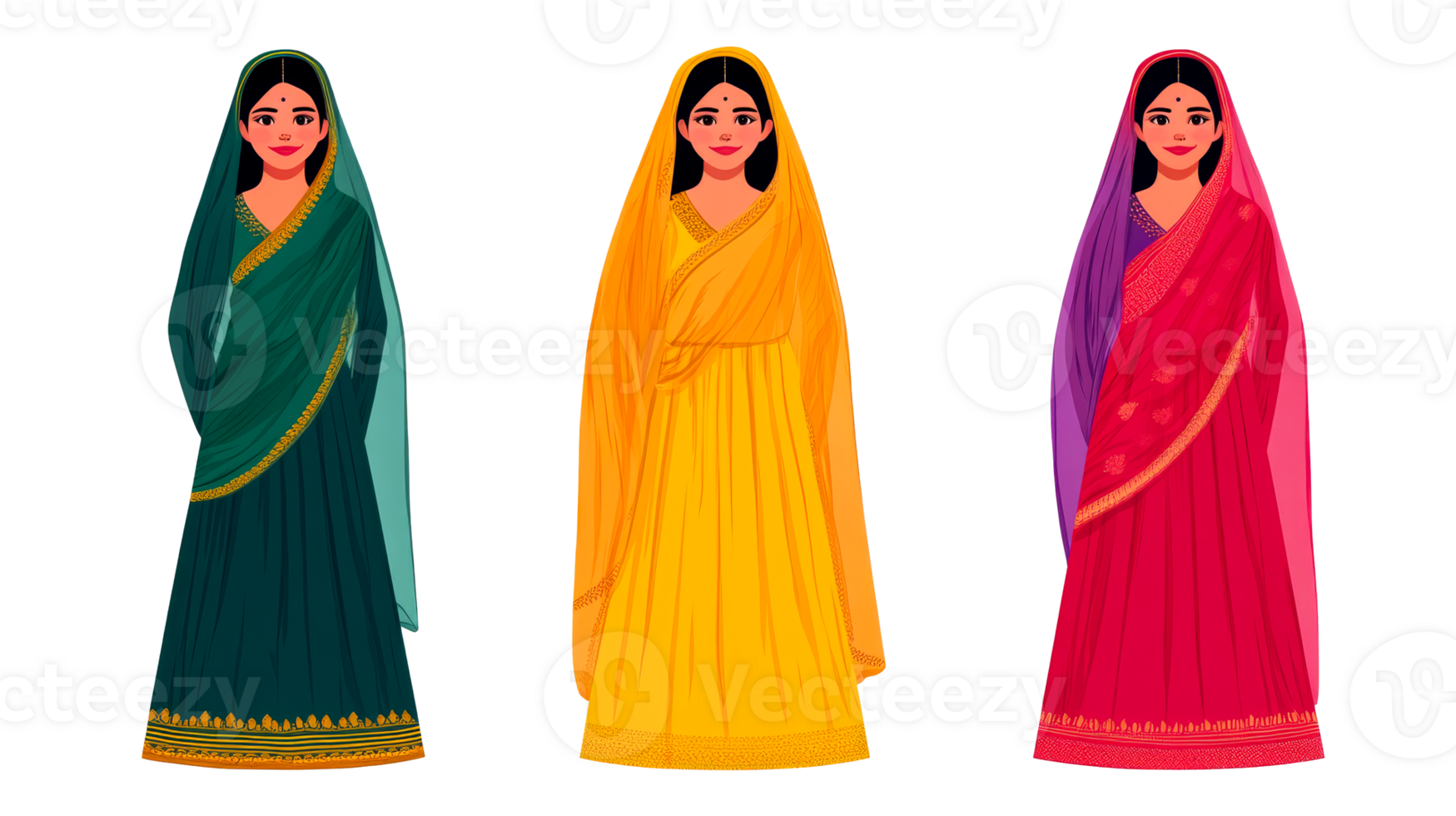 Three women wearing traditional Indian dress, cutout transparent png