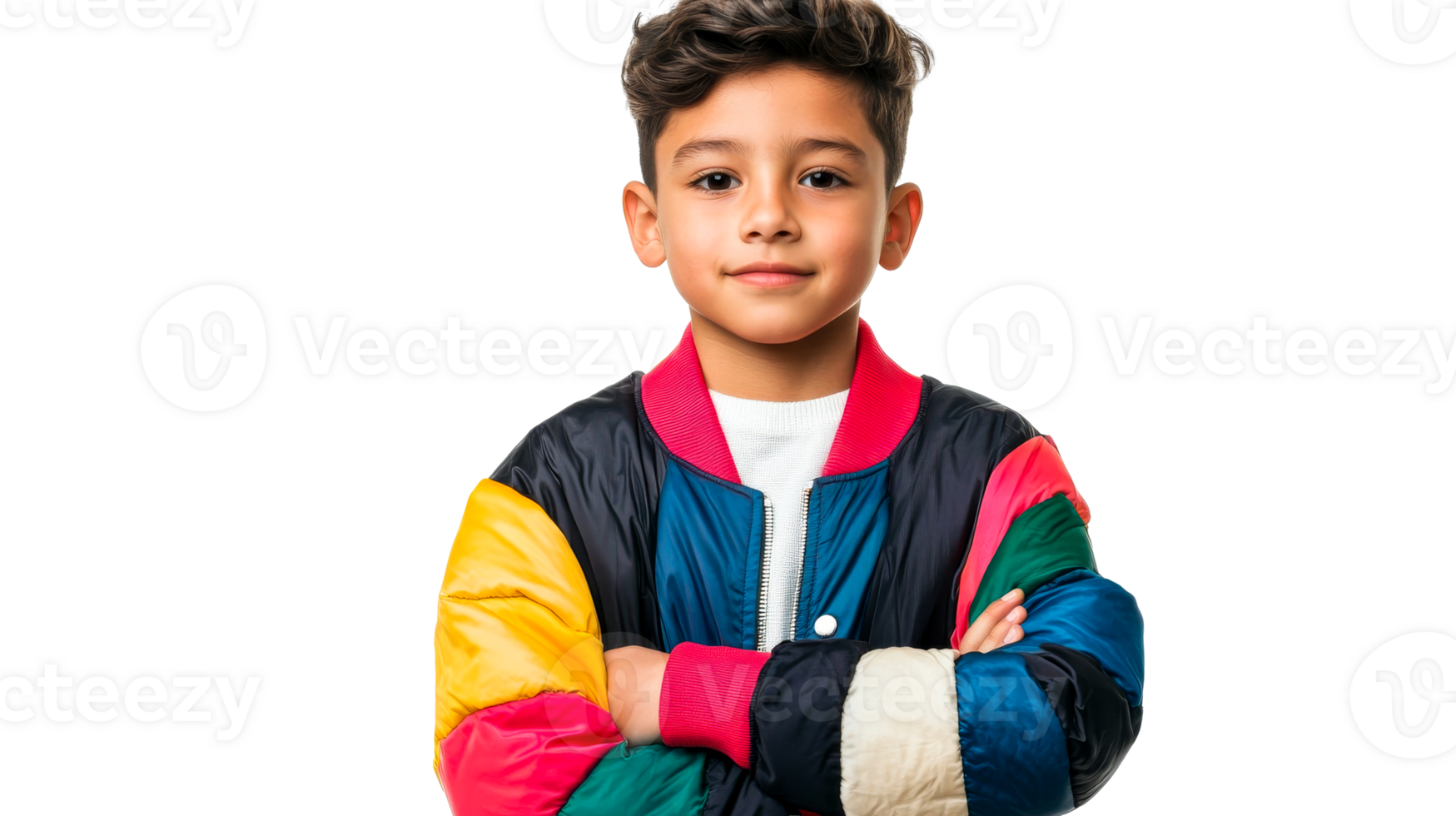 Portrait of stylish boy, arms crossed, wearing colorful jacket, cut out transparent png