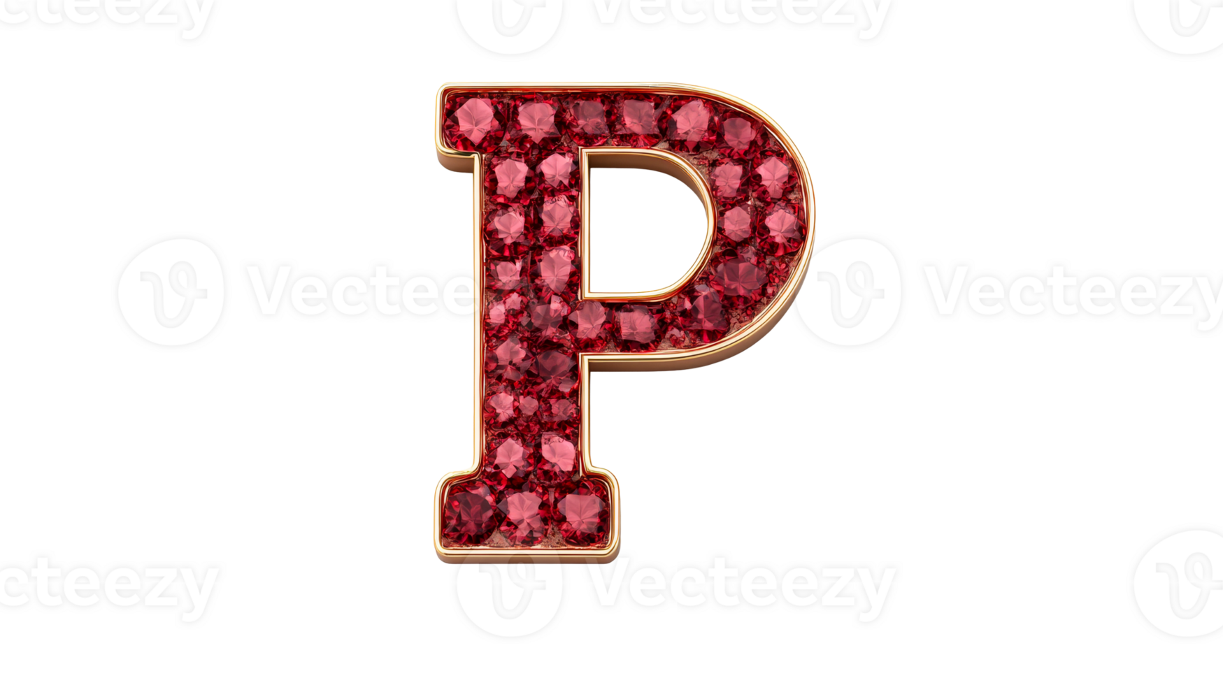 Ruby-filled Letter P in Gold Outline, Sparkling and Gemstone-Studded, cut out transparent png