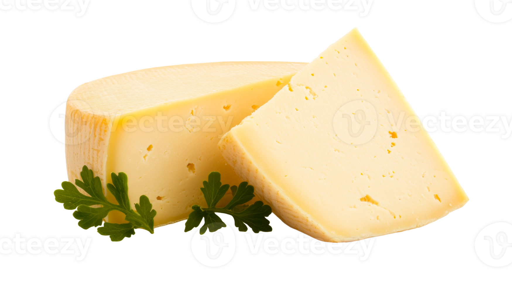 Cheese block, wedge, parsley garnish on black background, cut out transparent png