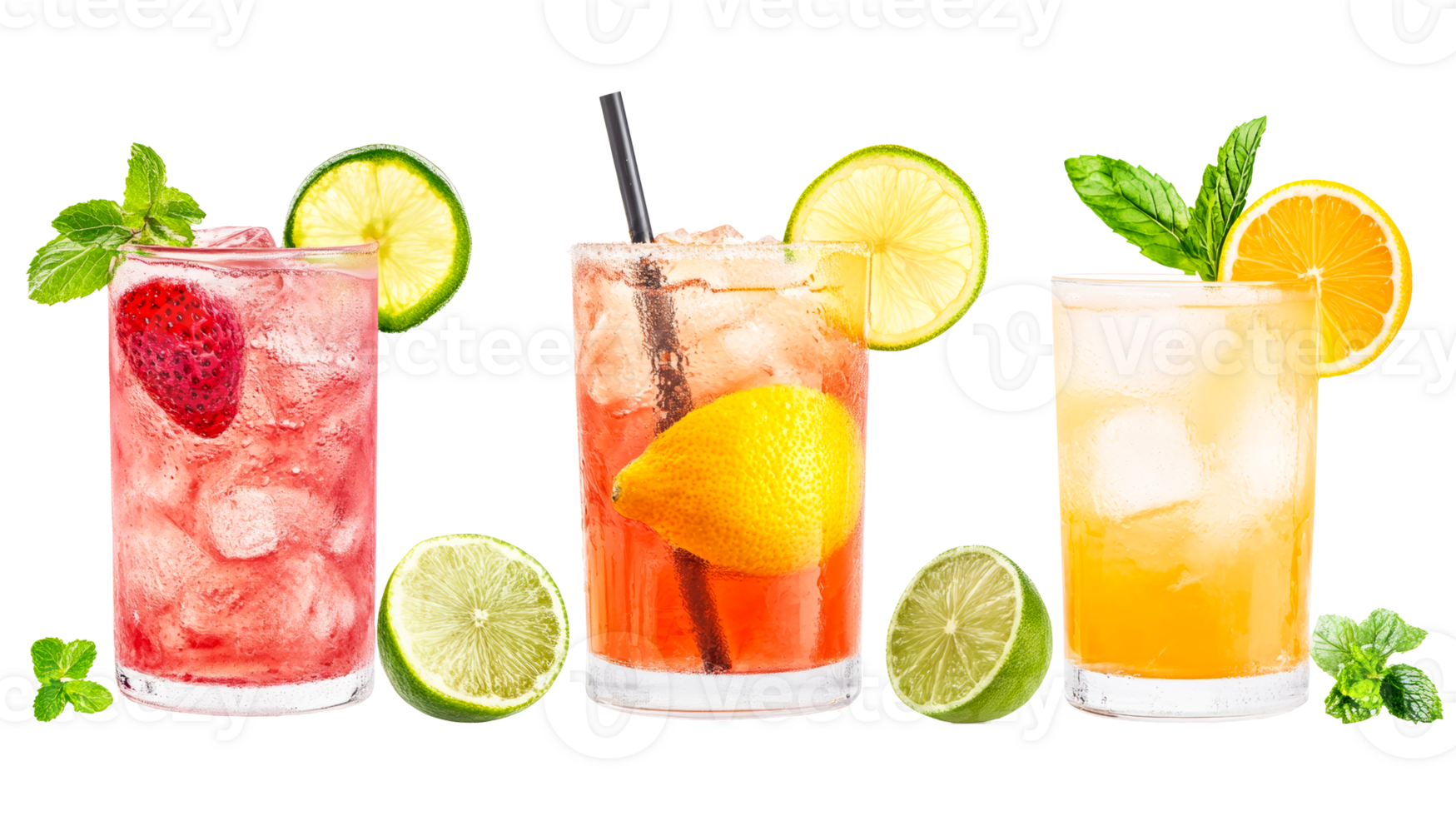 Three vibrant, colorful mixed drinks with fruits, cut out transparent png