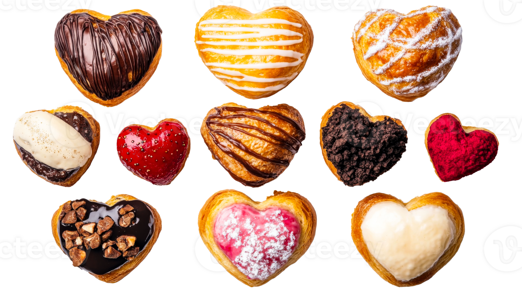 Heart-shaped pastries with various toppings assortment, cut out transparent png