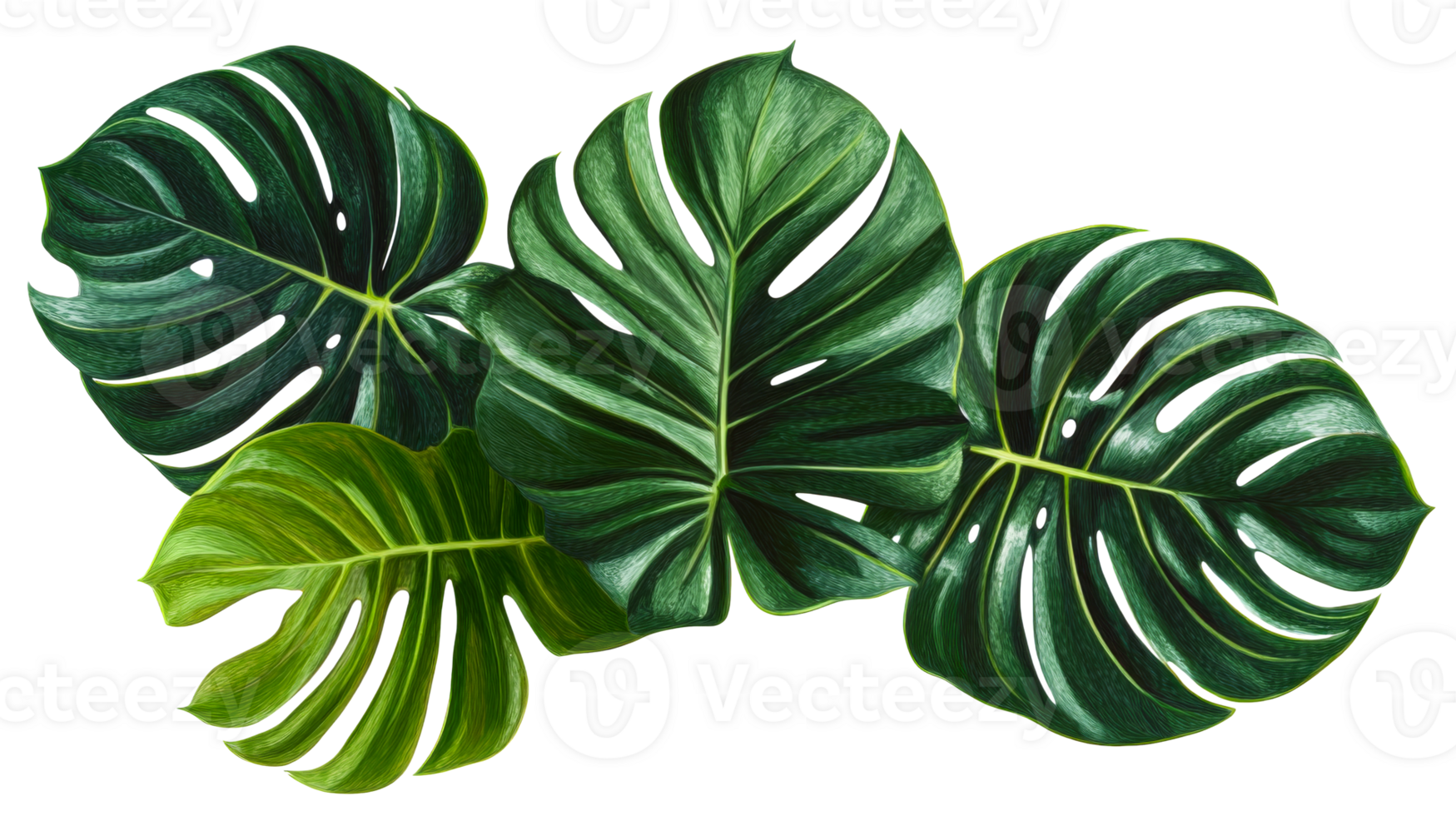 Fresh Monstera Deliciosa Leaves in Detail, cut out transparent png