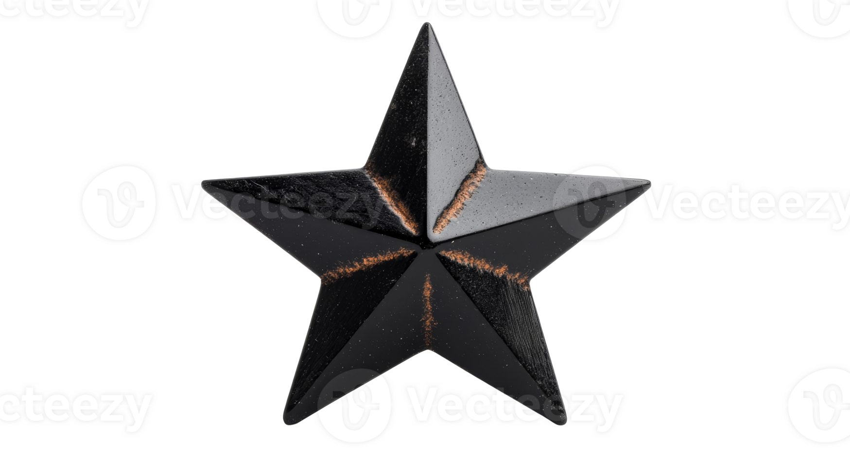 Black star with rusty edges, decorative element, metal, cut out transparent png