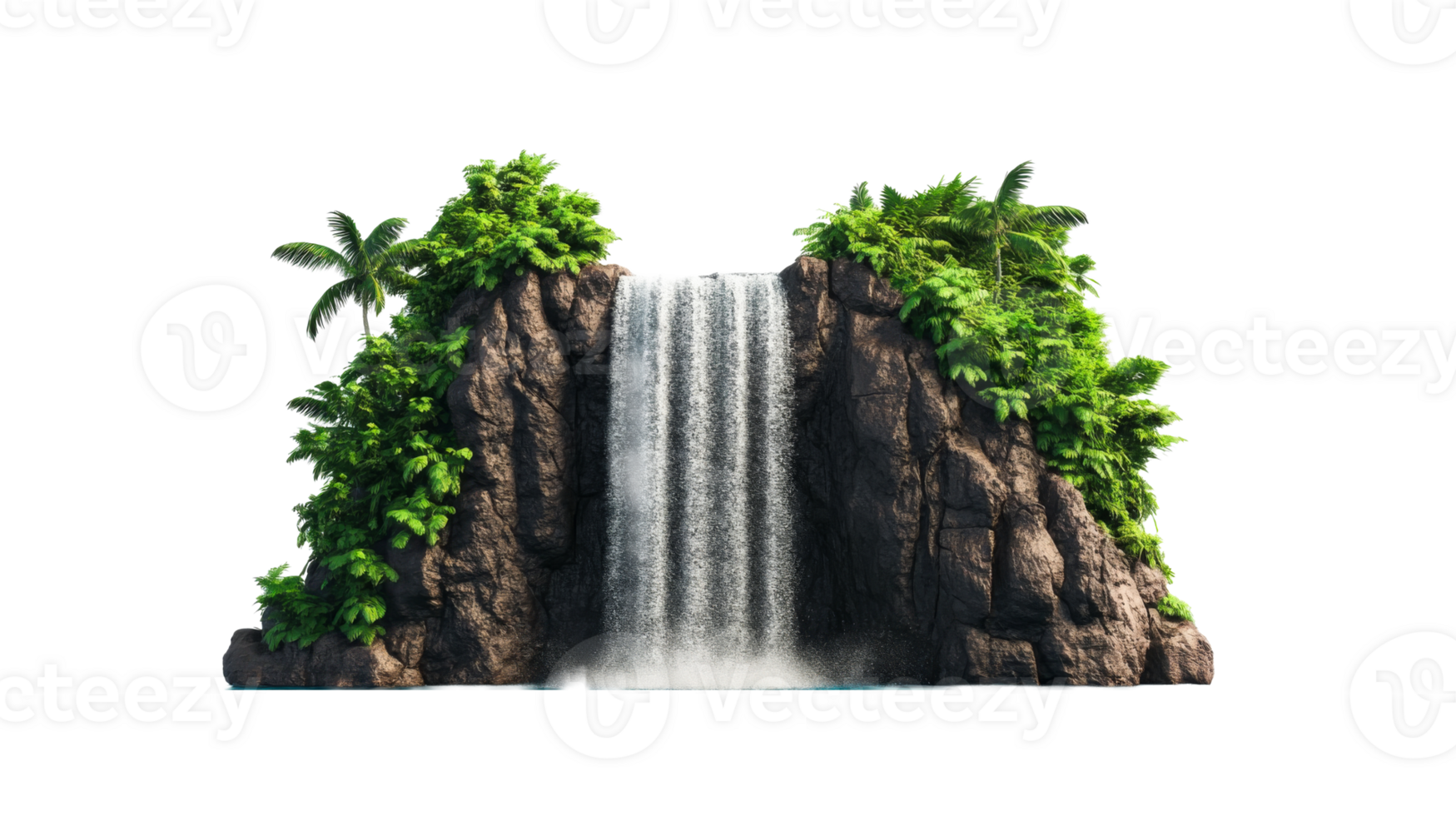 Tropical waterfall cascade from rock formations, vegetation, cut out transparent png