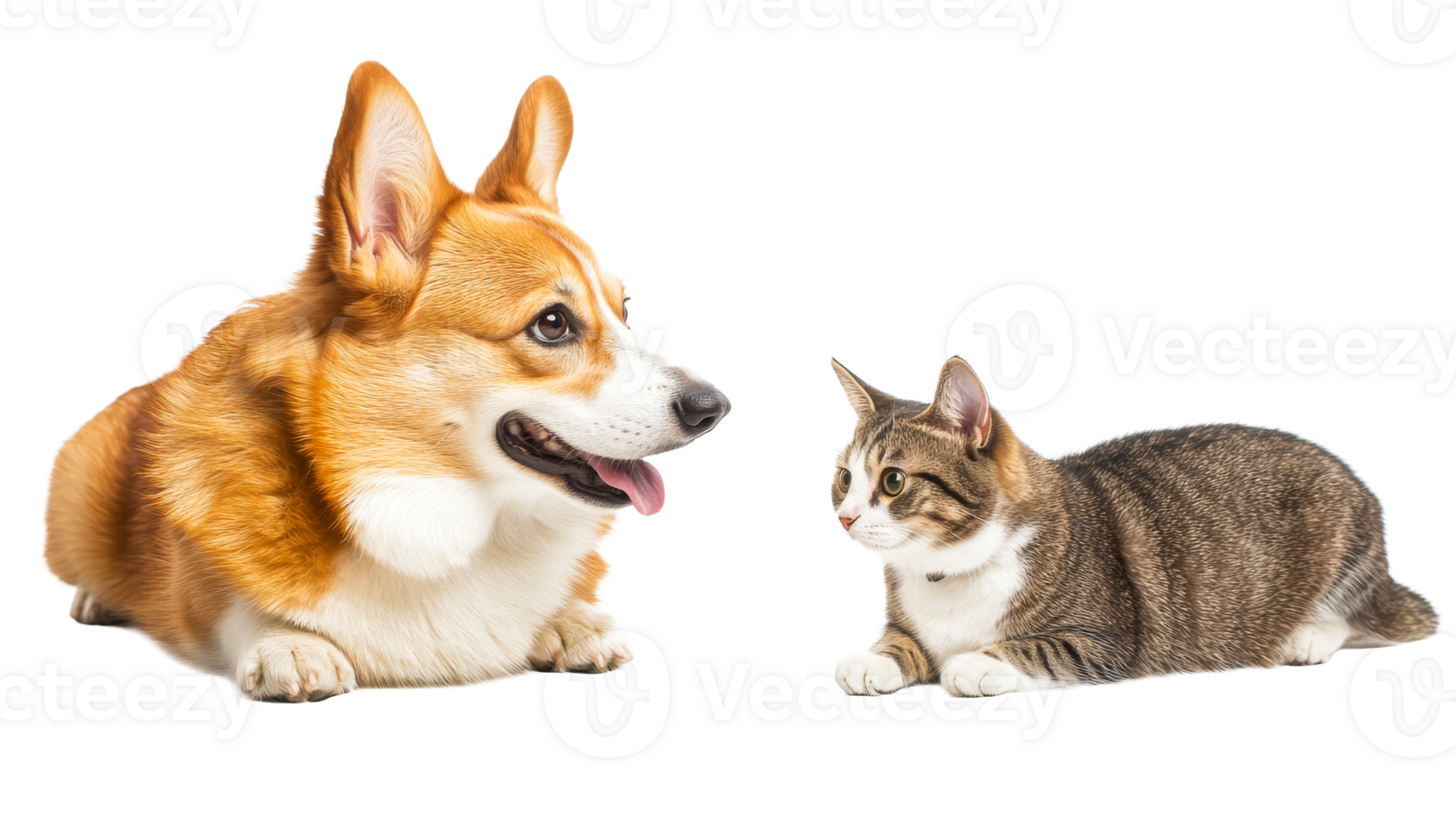 Corgi and cat resting, looking at each other, cut out transparent png