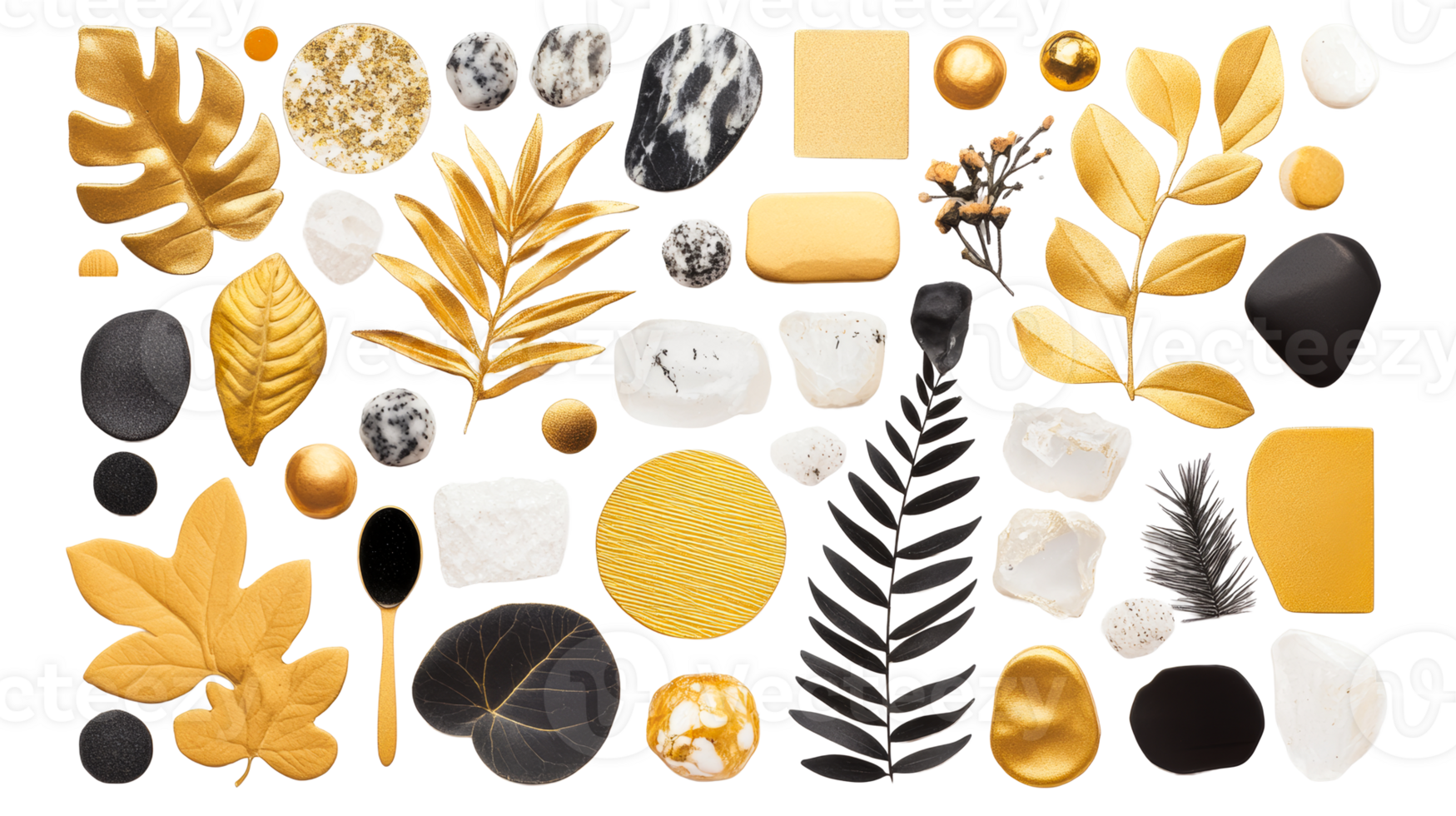 Artistic golden and black arrangement of decorative objects, cut out transparent png