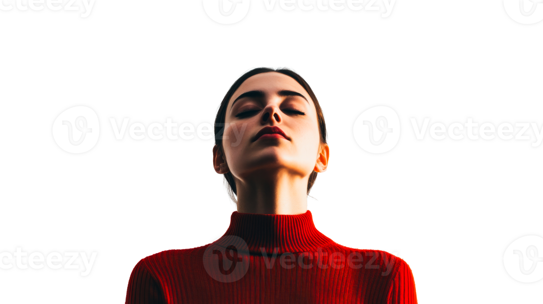 Tranquil woman with closed eyes in red turtleneck, cut out transparent png