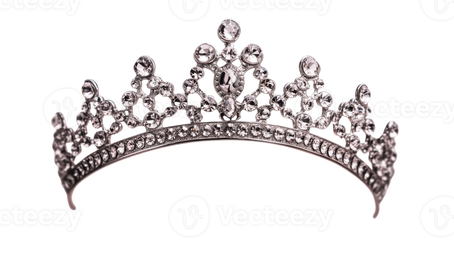 Silver tiara with gems and rhinestones for queen, cut out transparent png