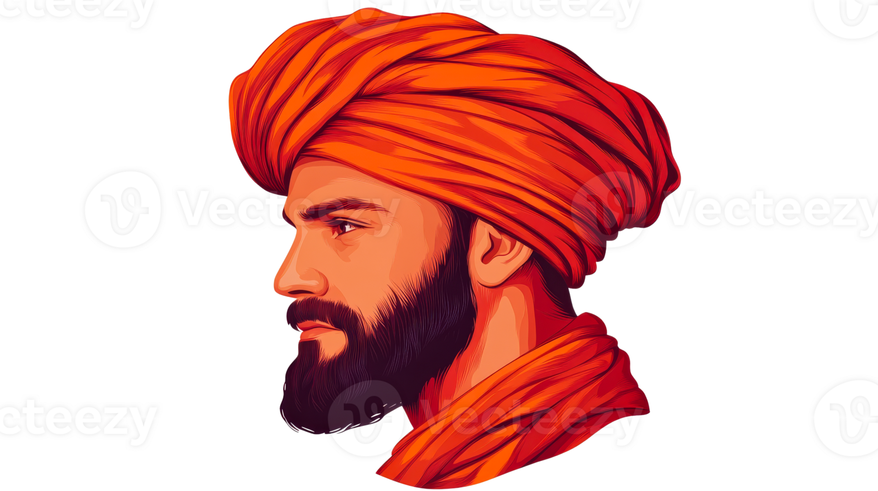 Portrait turbaned bearded man in profile, side view, cut out transparent png